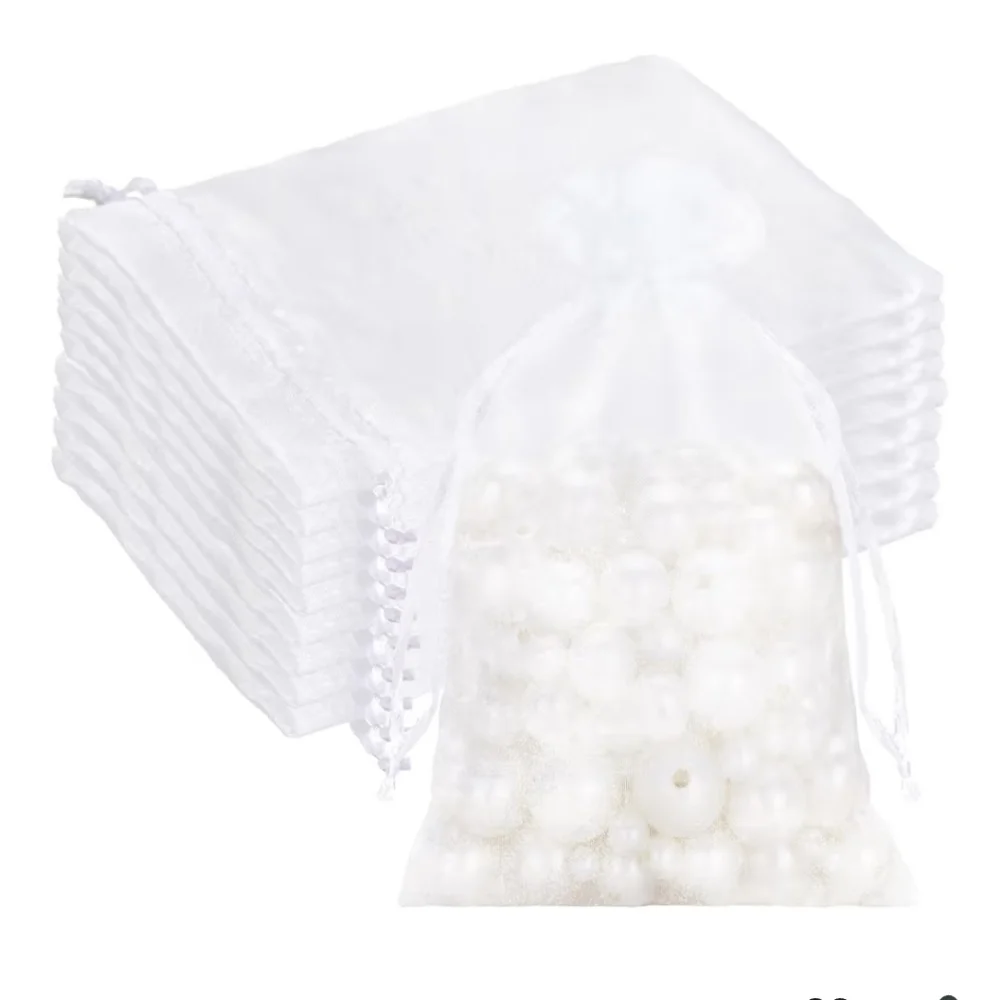 25 White Oragnza Bags 4x6 In - Drawstring Organza Bags, Sheer Mesh